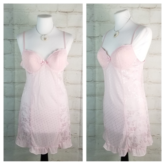 Sexy Pastel Pink L Stretchy Lace Sheer Short Chemise Nightie Foam Bra Underwire - Picture 3 of 8